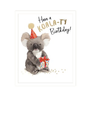 A birthday card with a koala wearing a party hat and holding a gift.