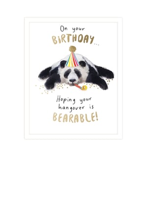 A birthday card with a panda wearing a party hat.