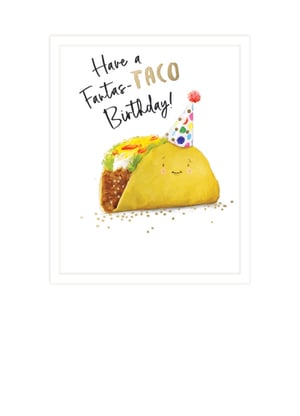 A birthday card with a taco wearing a party hat.
