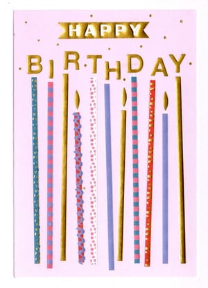 A pink birthday card with candles and the words "Happy Birthday".