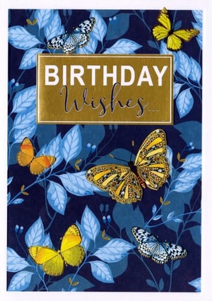 A birthday card with butterflies and the words "birthday wishes".