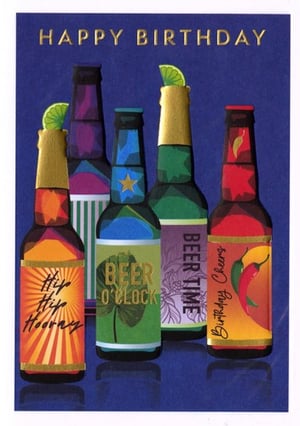 A birthday card with beer bottles and the words "Happy Birthday."