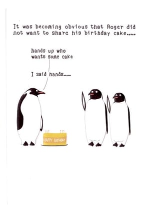 A group of penguins is standing next to a birthday cake.