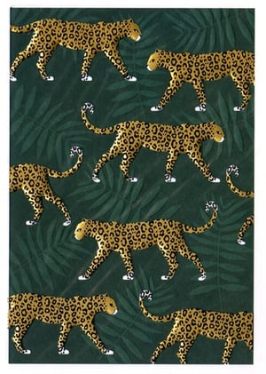A background that is green with leopards and palm leaves.