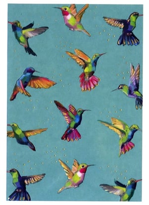 A painting of colorful hummingbirds on a blue background
(No grammatical errors. The sentence is already correct.)