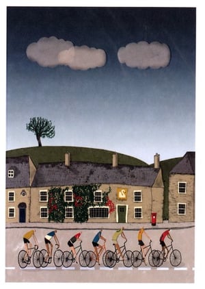 A painting of people riding bikes in front of a building with the letters "S" on it.