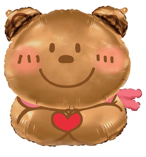 A teddy bear-shaped balloon with a red heart on its chest.