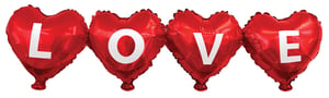 Four red heart-shaped balloons with the word "love" on them.