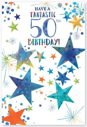 A 50th birthday card with a bunch of stars on it.