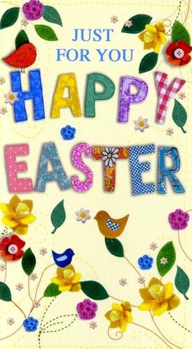 A Happy Easter card with flowers and birds on it.