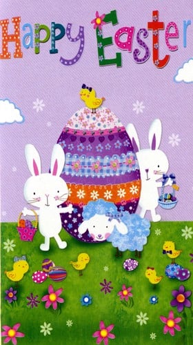 A happy Easter card with bunny rabbits and sheep.