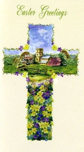 An Easter greetings card with a cross made of flowers.