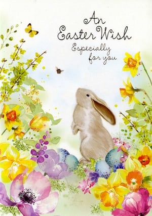 An Easter wish especially for you: a card with a bunny and flowers.
