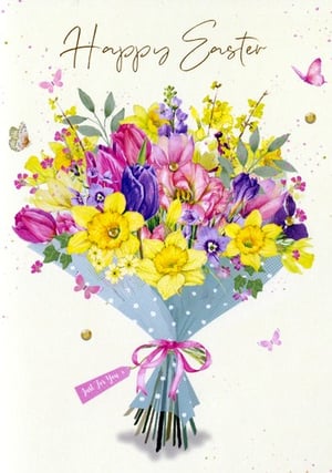 A happy Easter card with a bouquet of flowers on it