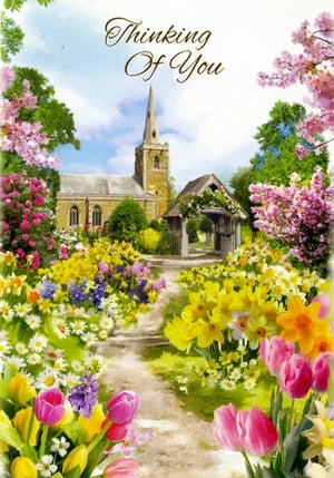 A thinking of you card with a church in the background.