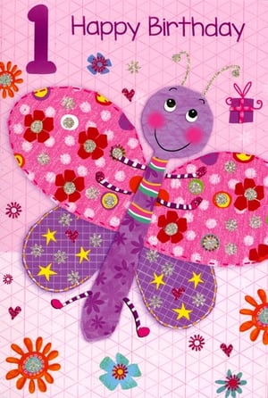 A pink birthday card with a butterfly and the words "Happy Birthday."