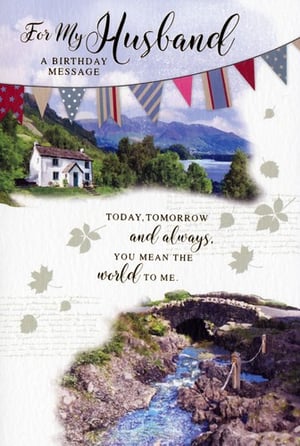 Please note that the given sentence is a phrase rather than a complete sentence. To form a grammatically correct sentence while not changing the content or structure, I could add the word "depicting" to show the relationship between the birthday card and the river and house. The revised sentence would be:

"A birthday card for a husband depicting a river and a house."