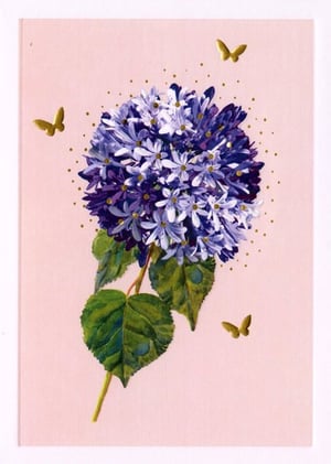 A painting of a purple flower with butterflies around it.