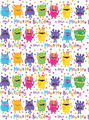 A seamless pattern with colorful monsters and the words "Have a monster birthday."
