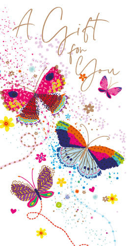 A card with colorful butterflies and flowers, a gift for you.