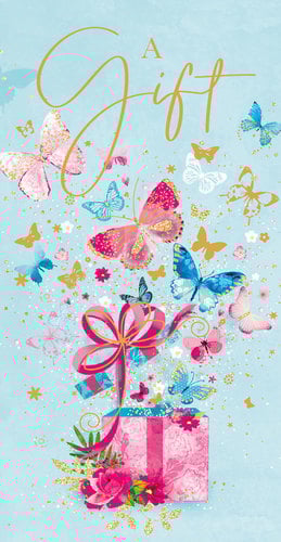 a gift with butterflies and flowers on a blue background.
The sentence is already grammatically correct.