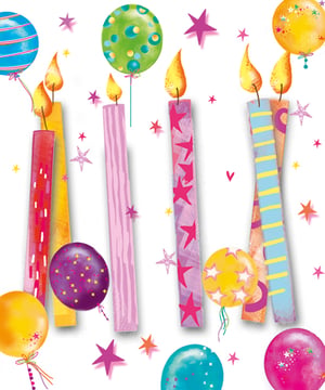 A birthday card with candles, balloons, and stars.