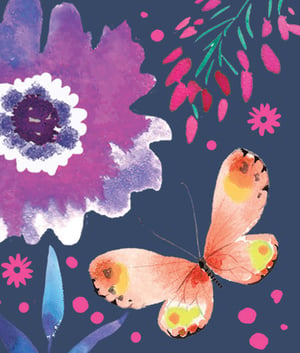 A painting of a butterfly and flowers is on a dark background.