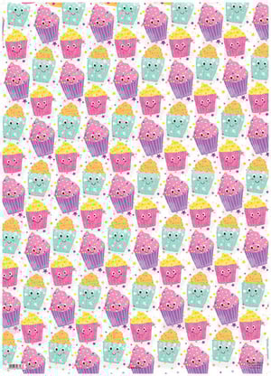 A pattern of cupcakes with faces on them is on a white background.