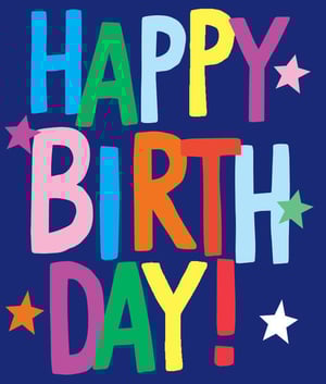 A blue background with colorful letters that say "Happy Birthday."