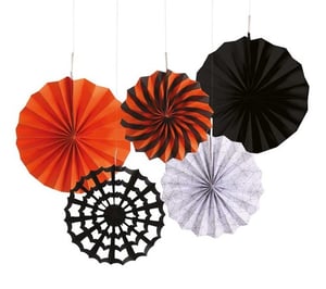Orange and black paper fans with spider webs on them.