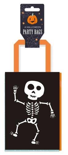 A Halloween party bag with a skeleton on it.