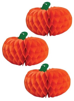 Three paper pumpkins with green stems are on a white background.