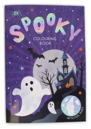 A spooky coloring book with foil pages.
(Note: The original sentence is grammatically correct. The correction is simply changing "colouring" to "coloring" to match American English spelling.)
