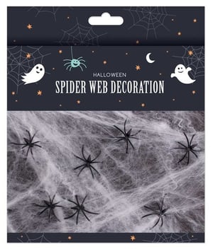 A package of Halloween spider web decorations with fake spiders.