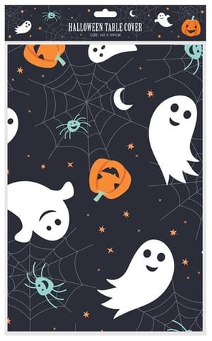 A Halloween table cover with ghosts, pumpkins, and spiders on it.