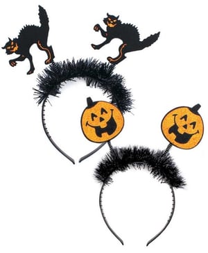 Three Halloween headbands with black cats and pumpkins on them.