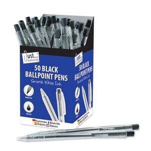 A box of 50 black ballpoint pens with smooth-writing ink.