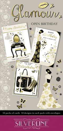 A display of glamour: open birthday cards by Silverline.