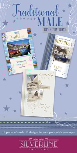 A package of traditional male open birthday cards by Silverline.