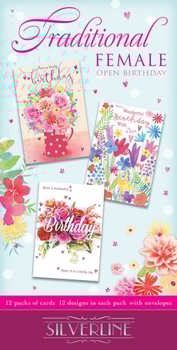 Open traditional birthday cards by Silverline for females.