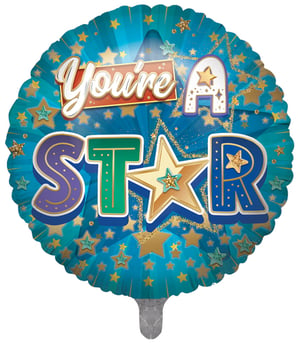 A blue balloon that says "you're a star."