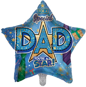 A balloon that says, "For a special dad, you're a star."