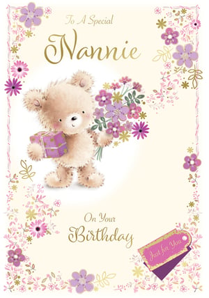 A birthday card for Nannie with a teddy bear holding a bouquet of purple flowers.