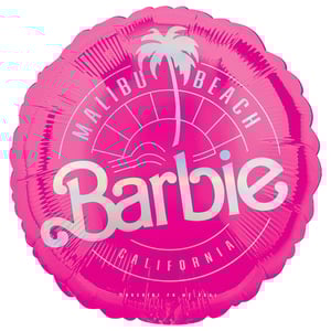 a pink balloon that says barbie malibu beach california