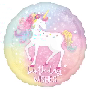 a birthday wishes balloon with a unicorn on it