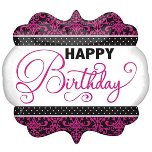 a pink and black balloon that says happy birthday