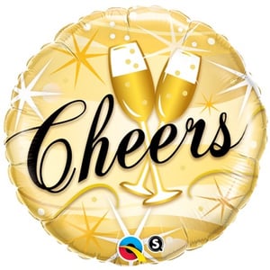 a cheers balloon with two glasses of champagne on it