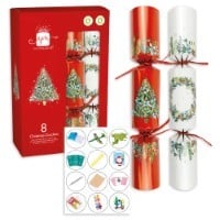 a box of christmas crackers with stickers on them .