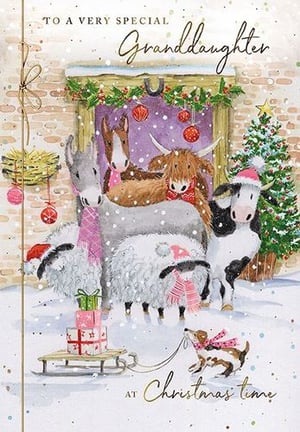 a christmas card for a very special granddaughter with animals and a christmas tree .
