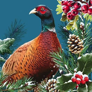 a pheasant is sitting in the snow surrounded by pine cones and holly .